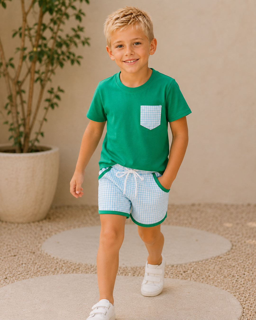 Child wearing a green shirt and checkered shorts standing in front of a plant.