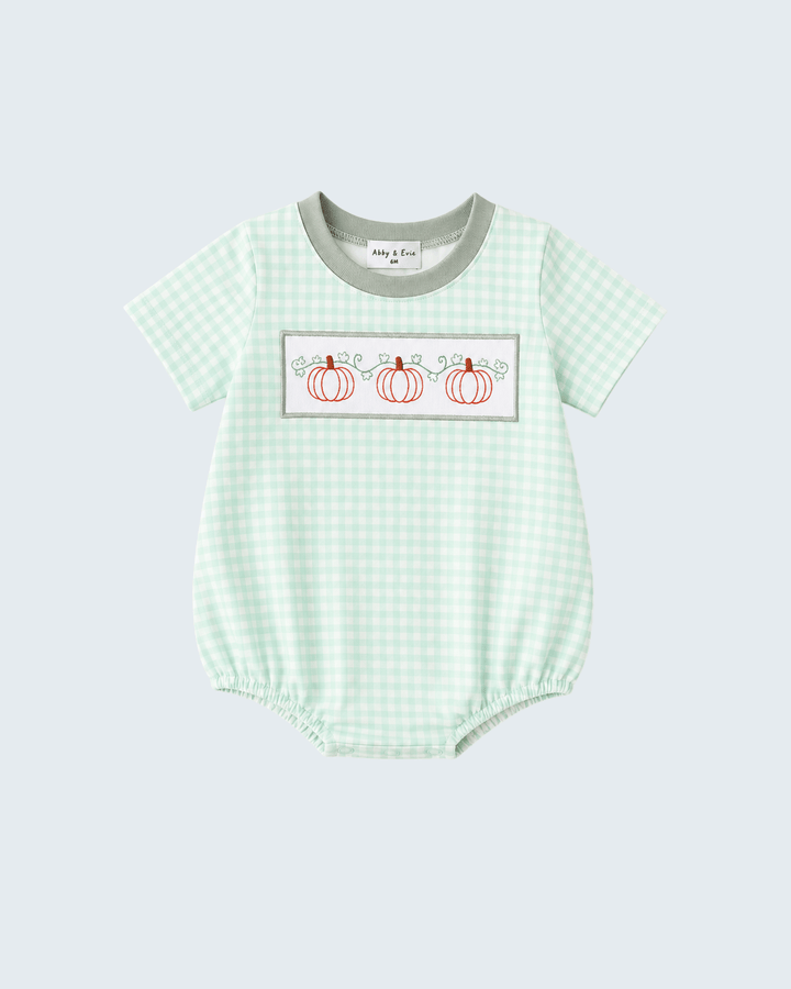Green Pumpkin Embroidery Gingham Bubble