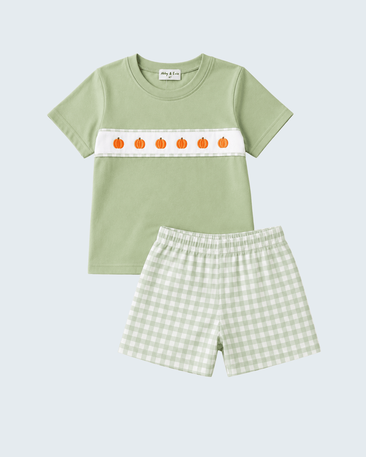 Green Pumpkin Embroidery Shorts Set