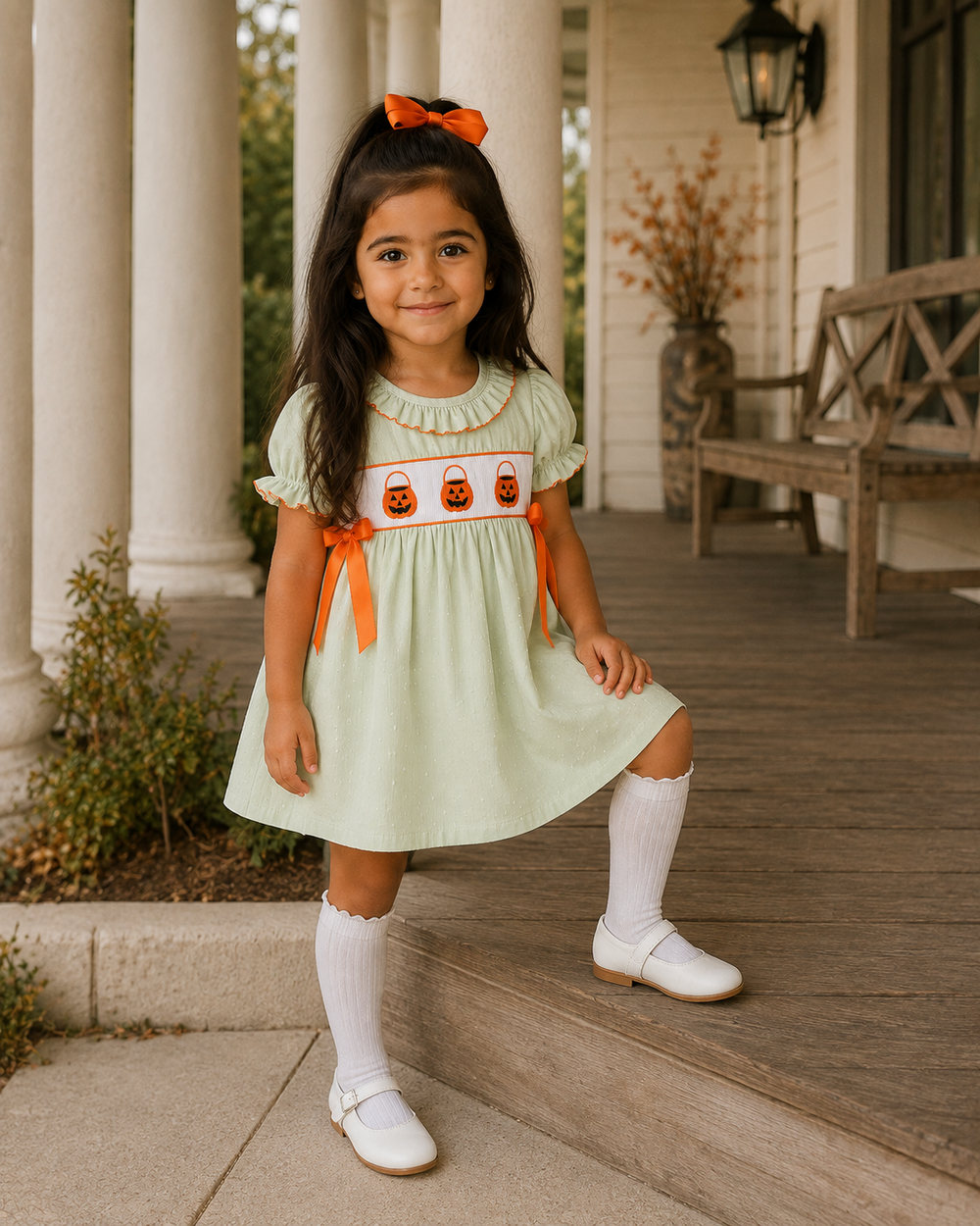 A young girl wearing a light sage green dress with orange accents and white socks, posing on the wooden steps of a house porch.