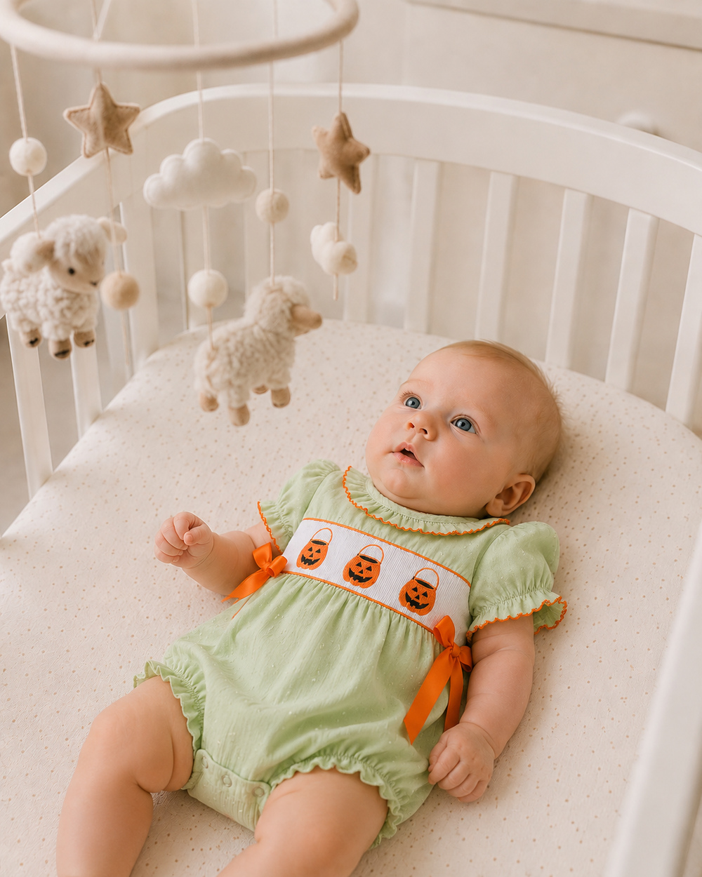 A baby lying on a cream mattress in a white crib, wearing a light green short-sleeve romper with orange ribbon ties and a white chest panel decorated with orange jack-o'-lantern motifs. A plush mobile with stars and clouds hangs above.