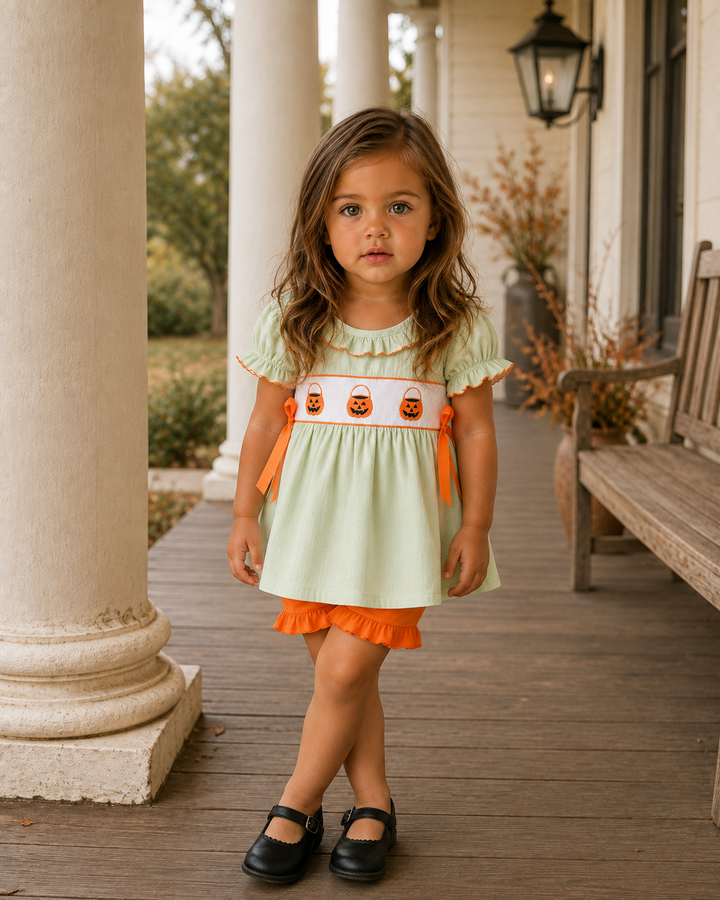 A young girl stands on a wooden porch wearing a light sage green dress with orange ruffle trim, a white waistband with embroidered orange pumpkins, and black Mary Jane shoes.
