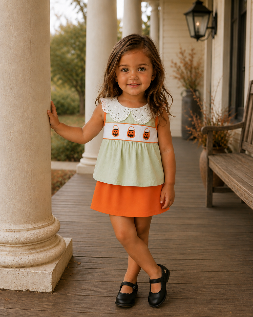 A young girl stands on a wooden porch wearing a sleeveless two-tone dress with a pale green top, an orange skirt, and a white collar with embroidered orange pumpkins. She is posing next to a large stone column on a porch with columns, a bench, and a wall lantern in the background.