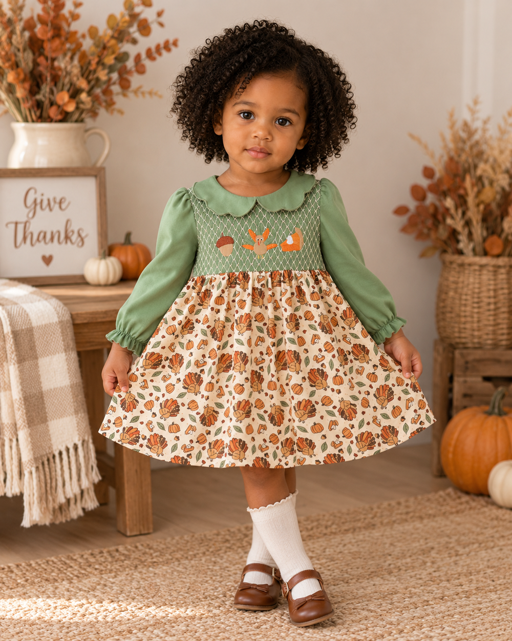 Green smocked dress with long sleeves, collar, and pumpkin/turkey print skirt
