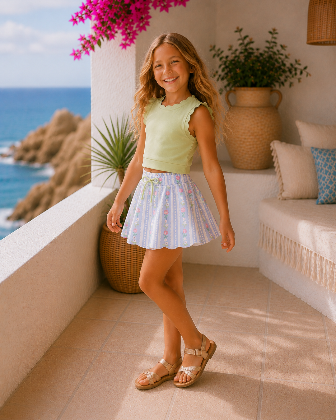 Young girl in a light green top and floral skirt standing on a balcony with ocean view.