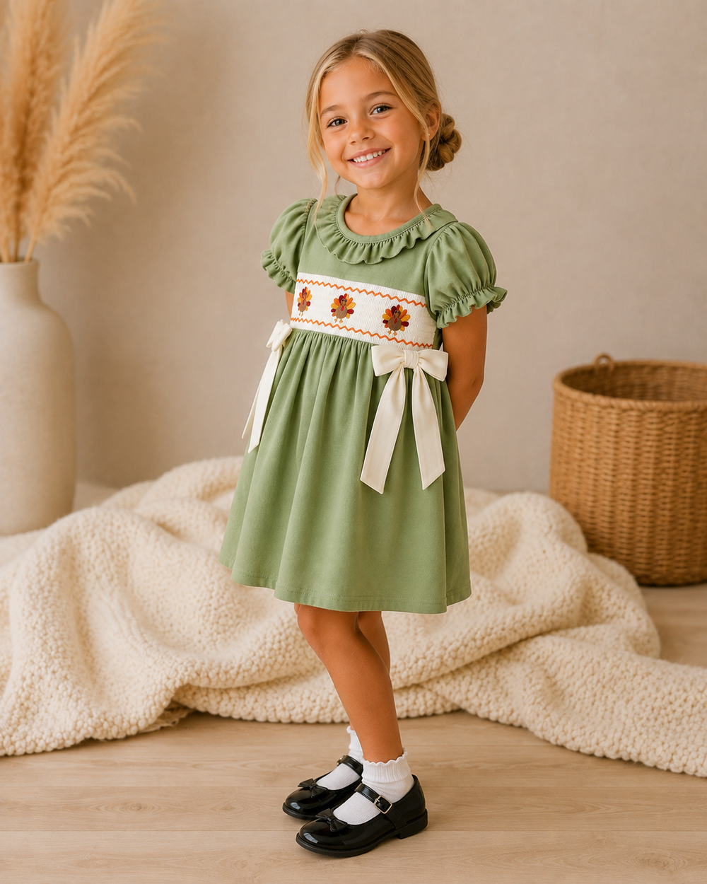 Green smock embroidered dress worn by a child with white bow ties and puff sleeves.
