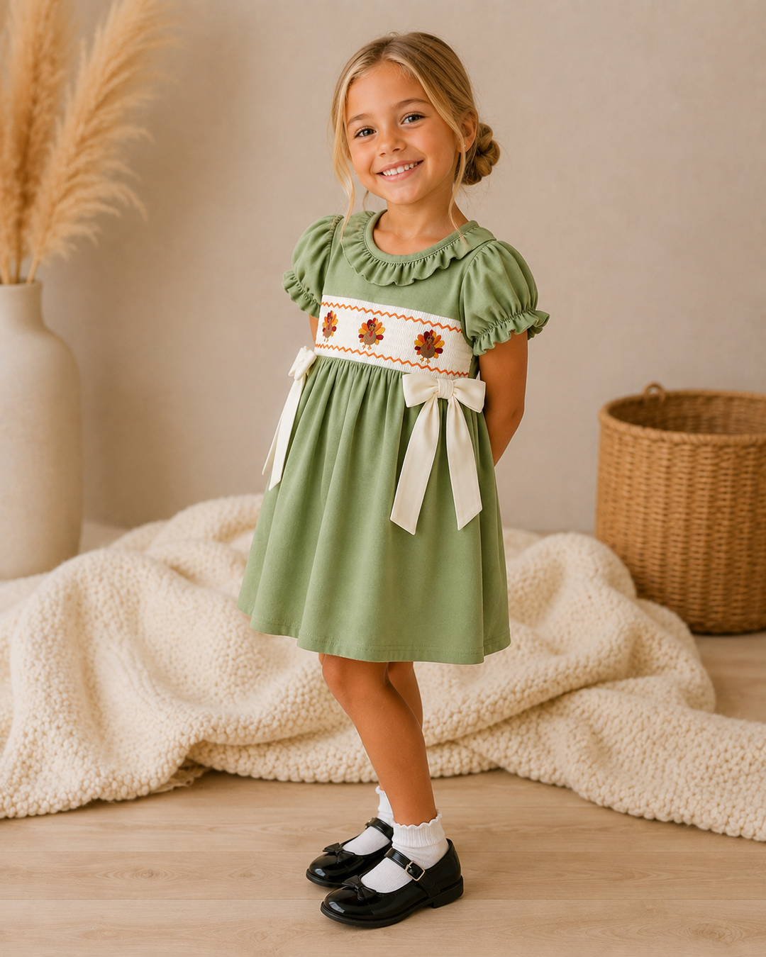 Green smock embroidered dress worn by a child with white bow ties and puff sleeves.