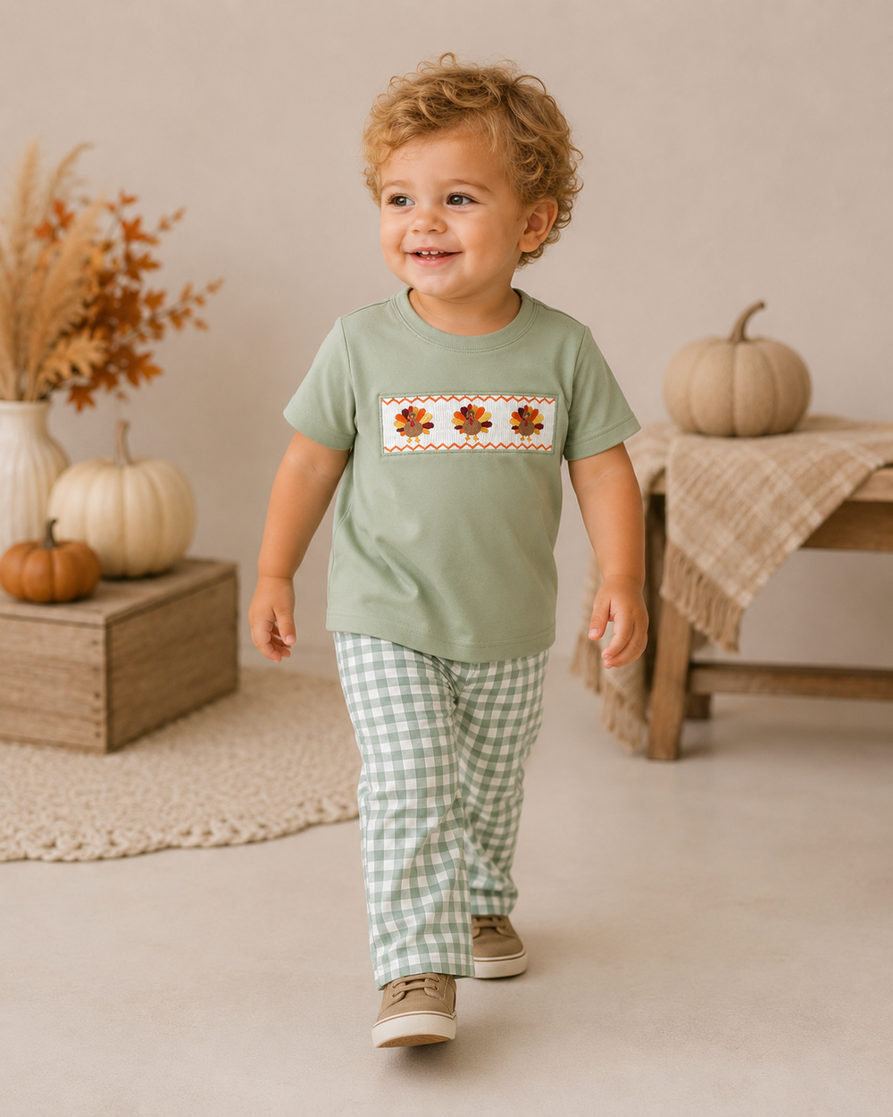 Toddler wearing green short-sleeve top with embroidered panel and green plaid pants