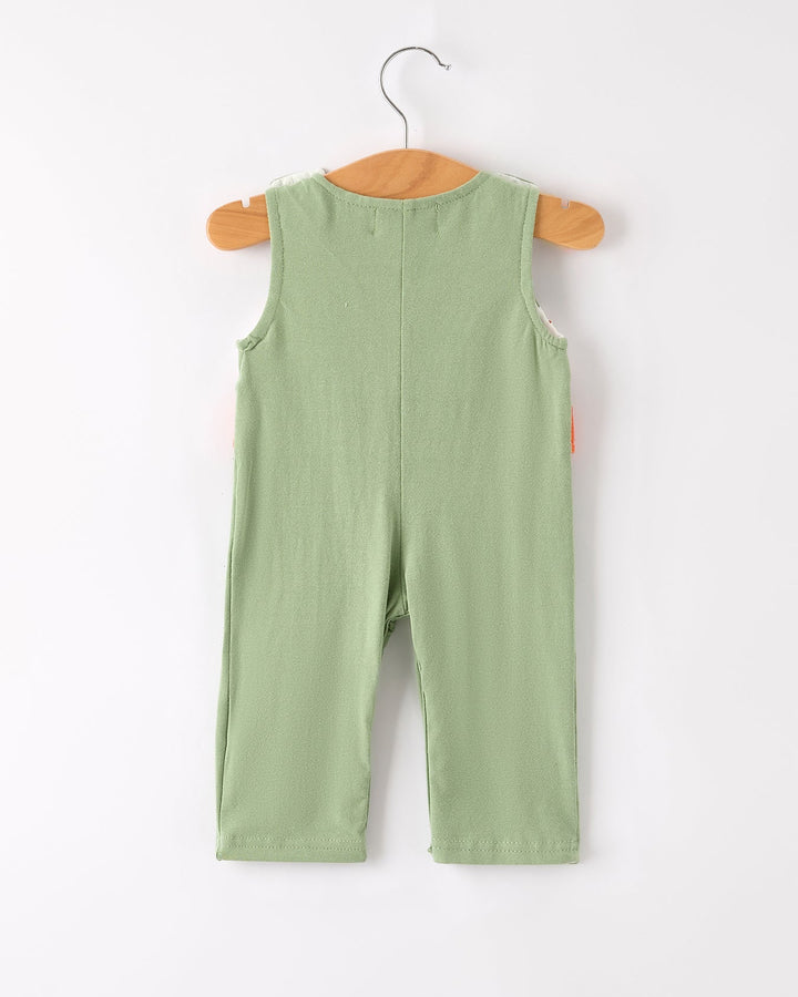 Green sleeveless romper with wide legs and back button neckline detail