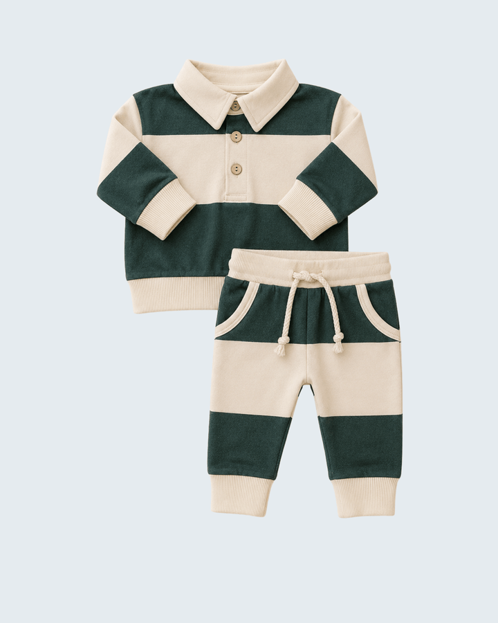 Baby two-piece knit set featuring a long-sleeve polo shirt and matching jogger pants in horizontal dark green and cream stripes, displayed on a light blue-gray background.