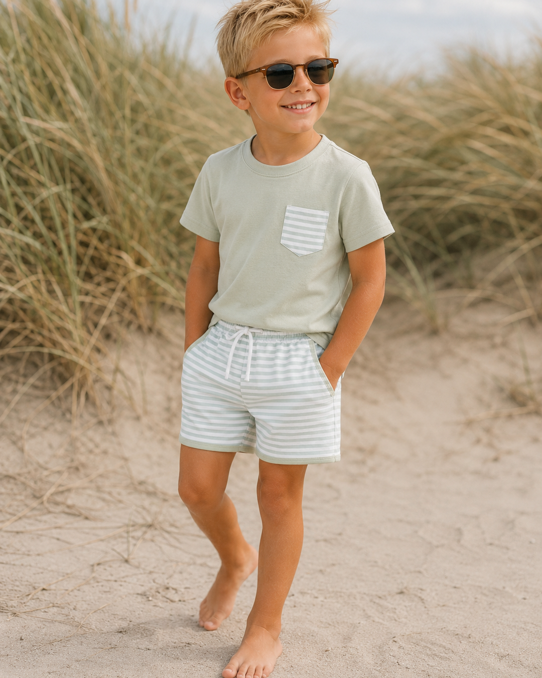 Young boy in a sandy dune wearing sunglasses, a light-colored t-shirt, and striped shorts.