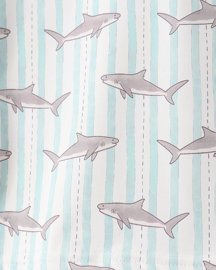 Fabric with shark pattern on a striped background