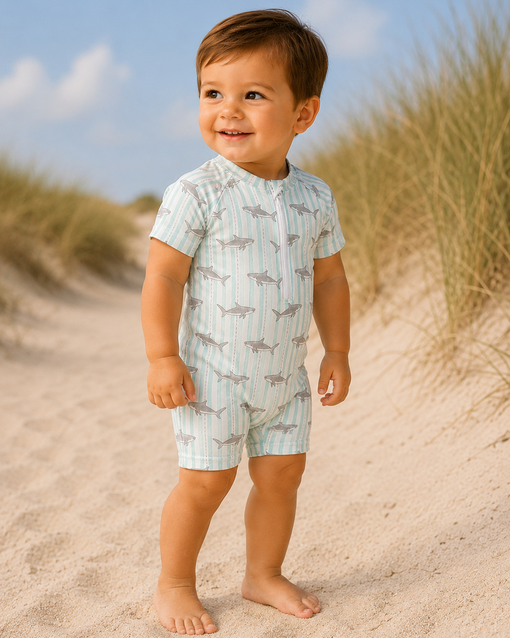 Child wearing a light blue swimsuit with animal pattern on a sandy beach
