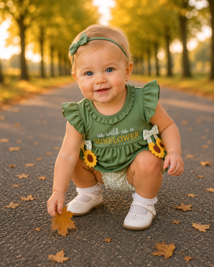 A baby girl wearing a green ruffled sunflower-themed romper, a matching green headband, and white shoes crouching on an autumn tree-lined path.