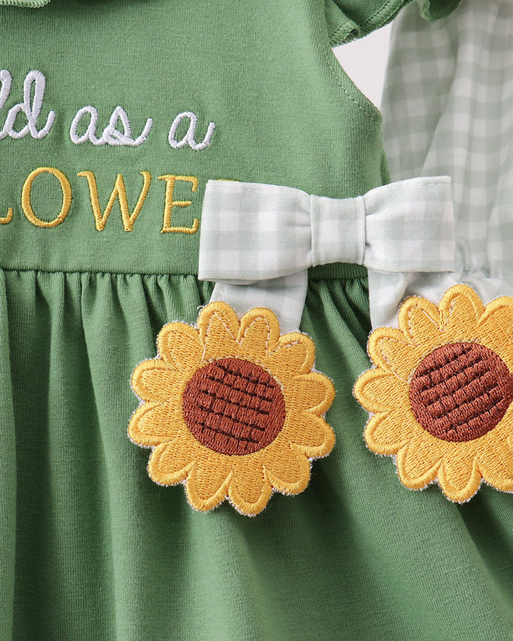 Green baby dress with sunflower appliques and ruffle sleeves