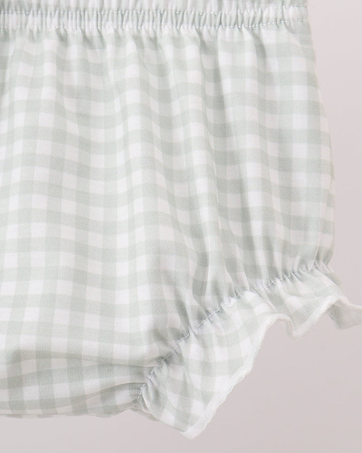 White and green checkered baby bloomer shorts with elastic waistband