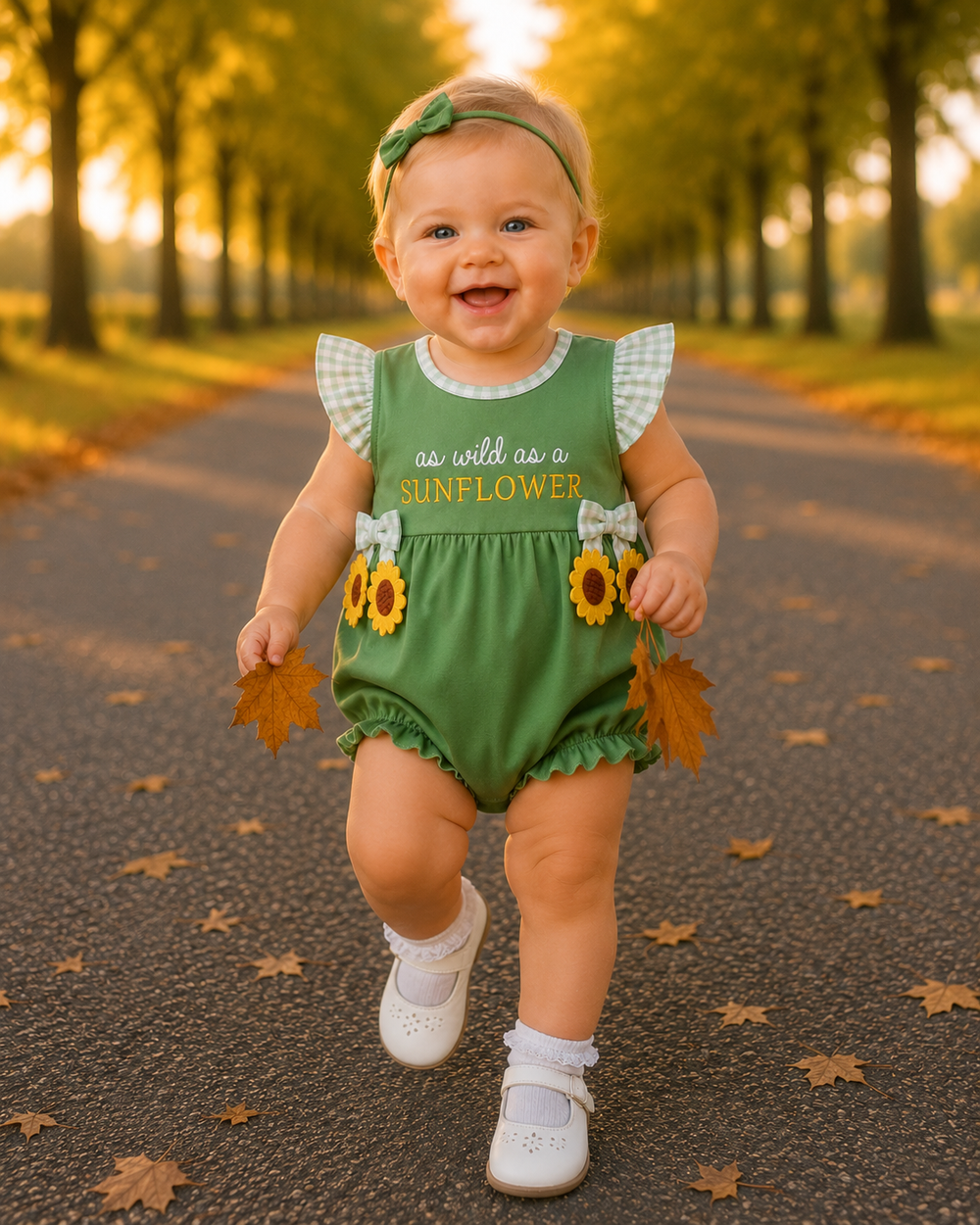A baby girl walking on an autumn path wearing a green sunflower-themed romper with ruffled sleeves, a green headband, and white shoes.