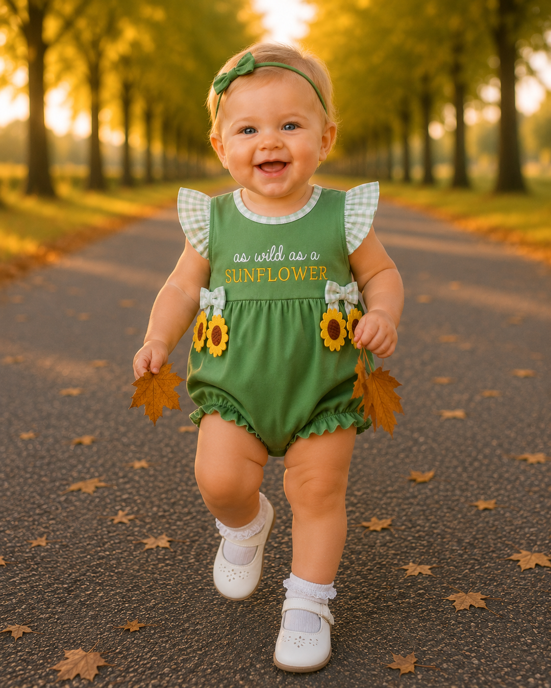 A baby girl walking on an autumn path wearing a green sunflower-themed romper with ruffled sleeves, a green headband, and white shoes.