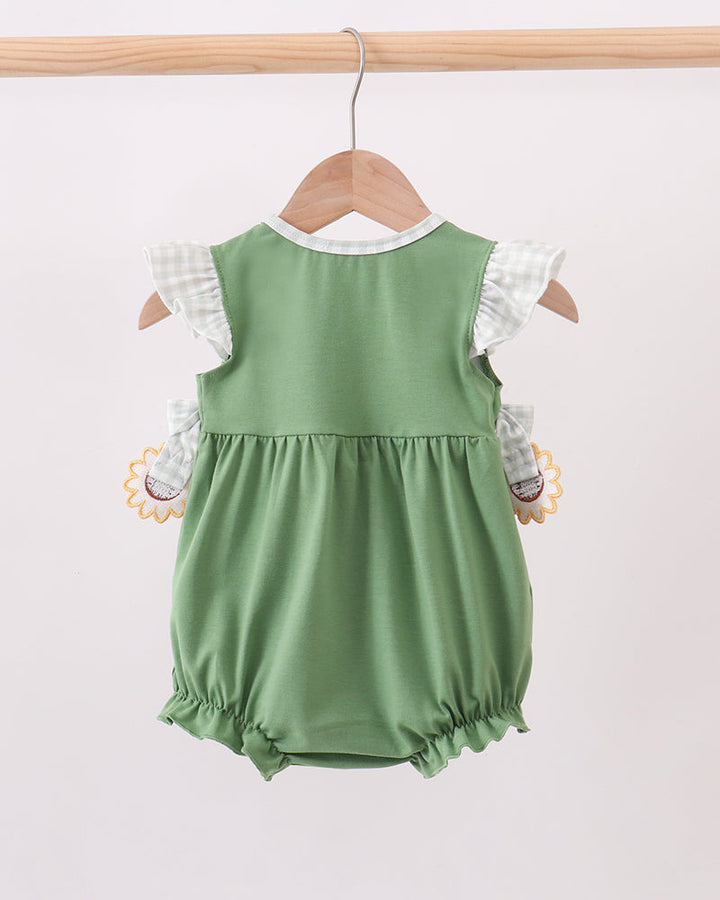 Green sleeveless bubble romper with ruffled sleeves and gingham-trimmed neckline