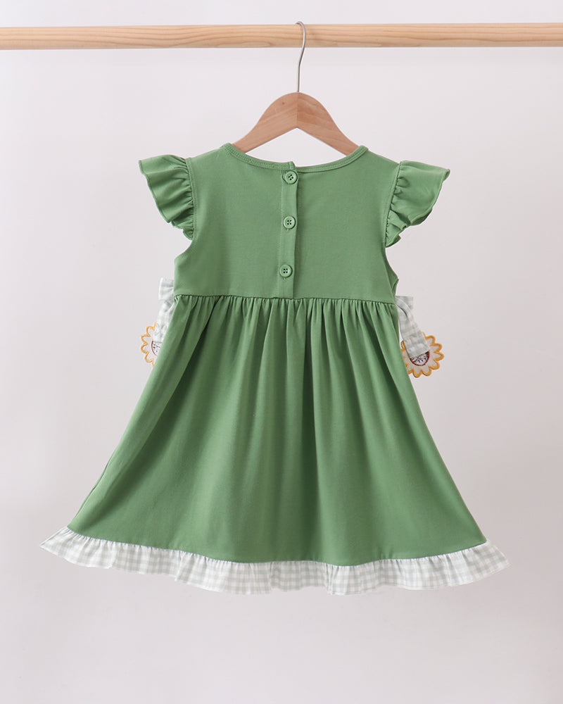 Green sunflower applique ruffle dress with button back and white gingham hem