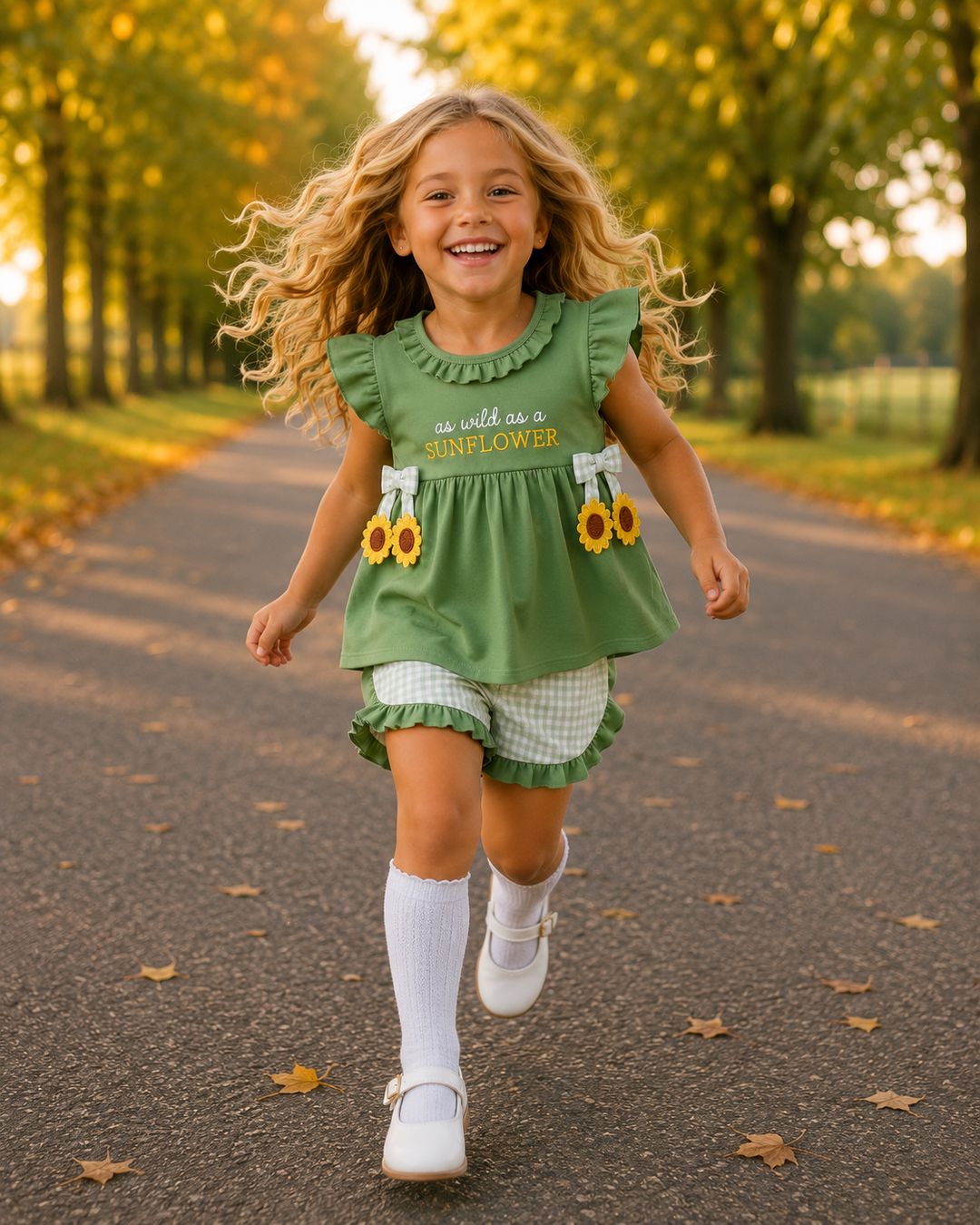A young girl with long blonde hair is running happily on an autumn tree-lined path, wearing a green ruffled sleeveless top with &