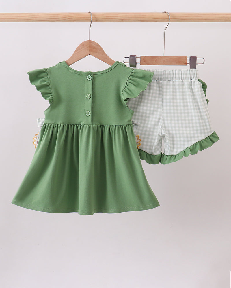 Green button-front ruffle dress with matching gingham shorts set