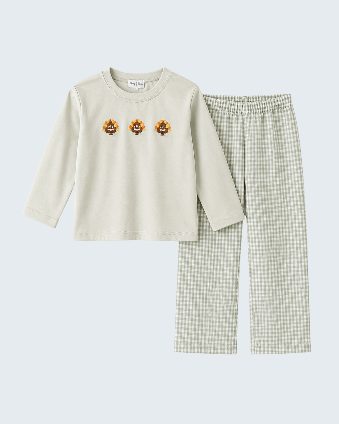 Kids turkey-embroidered gingham pants set: cream top, green check pants