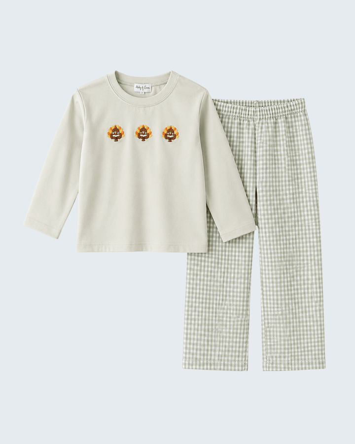 Kids turkey-embroidered gingham pants set: cream top, green check pants