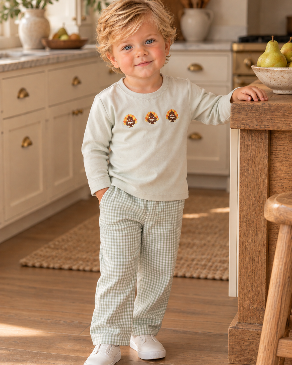 Kids turkey-embroidered gingham pants set worn: cream long-sleeve top, green check pants