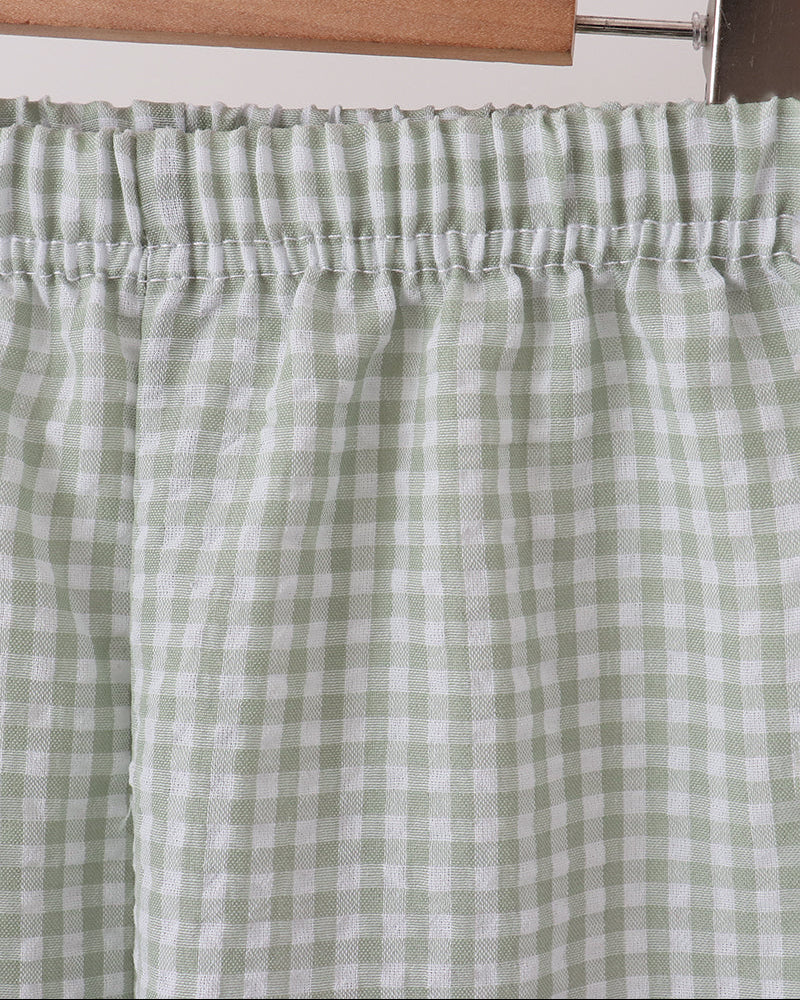 Green gingham pants waistband with elastic gathering