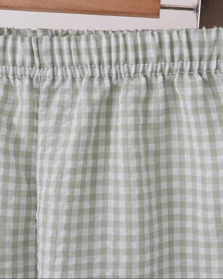 Green gingham pants waistband with elastic gathering