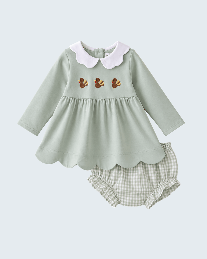Mint green embroidered scalloped baby dress with plaid bloomer