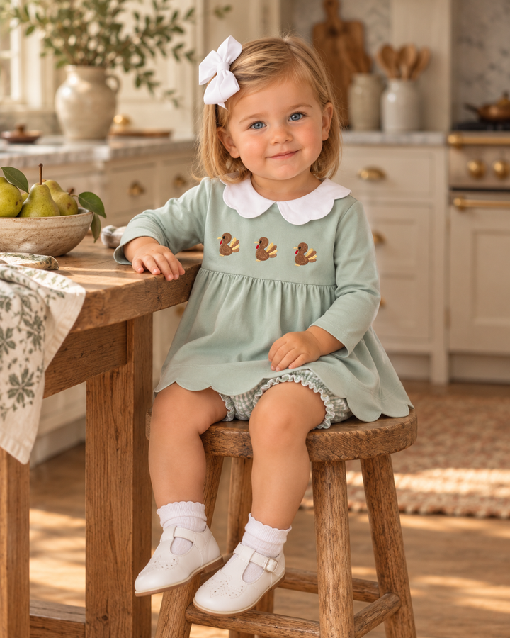 Toddler mint green dress with white scalloped collar, embroidered turkeys, plaid bloomers