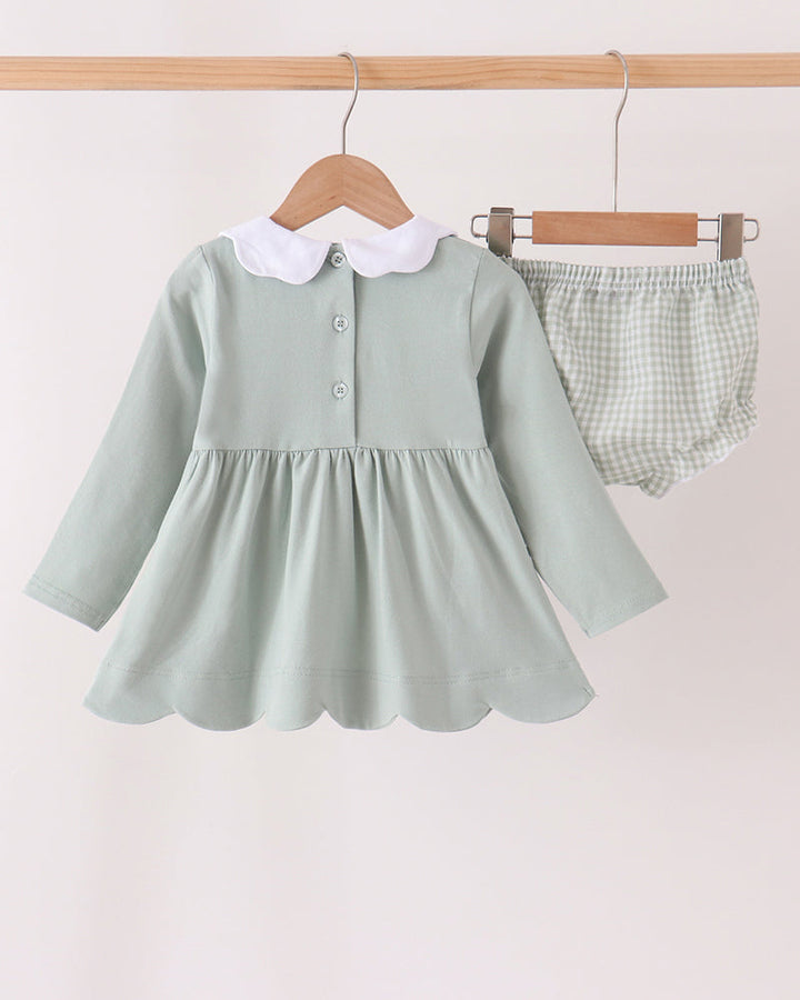 Mint green button-front tunic with white collar and matching checkered bloomer set