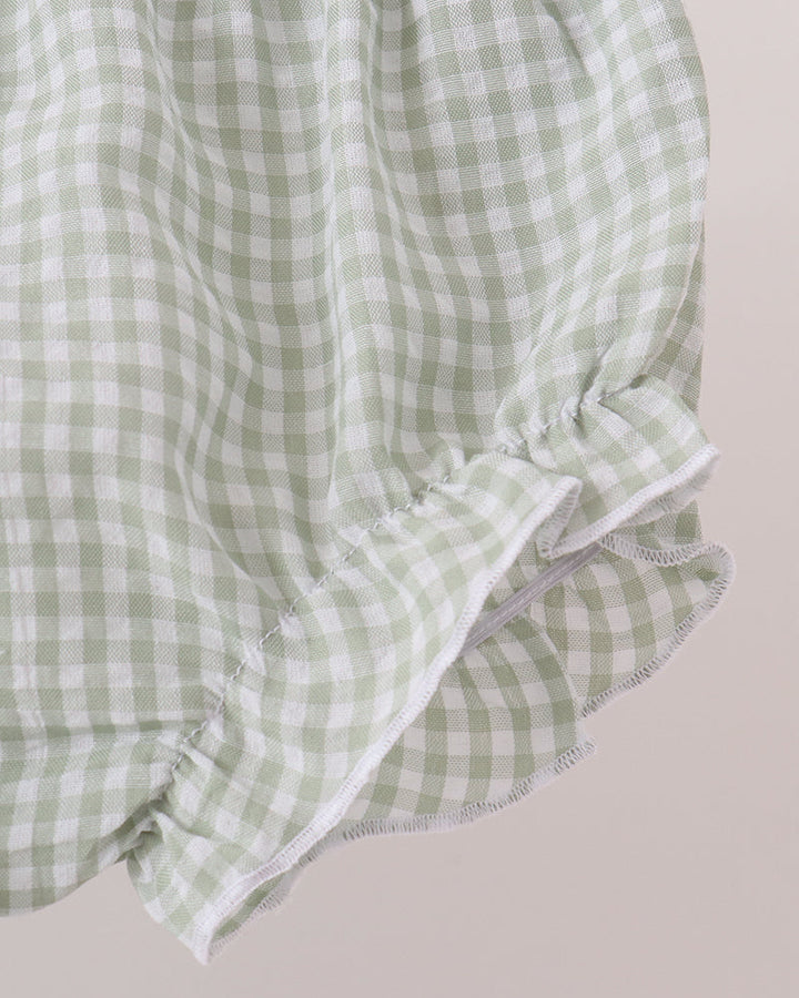 Green and white gingham baby bloomer shorts with gathered ruffle and tied cuff detail