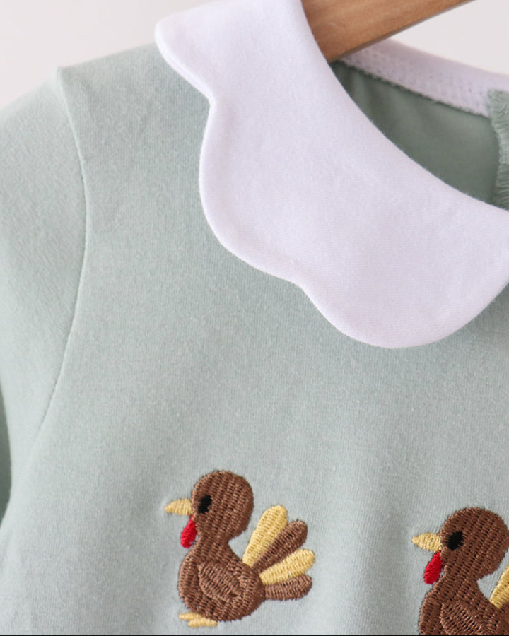 Sage green dress with white Peter Pan collar and turkey applique on chest