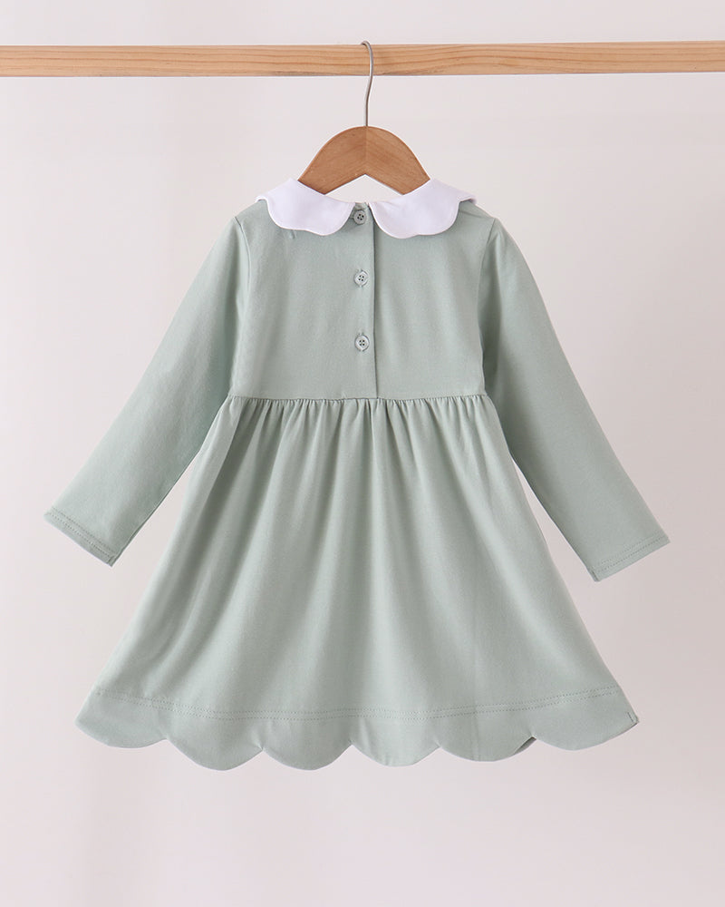 Sage green long-sleeve dress with white scalloped collar and front buttons