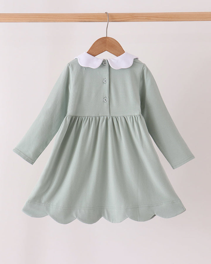 Sage green long-sleeve dress with white scalloped collar and front buttons