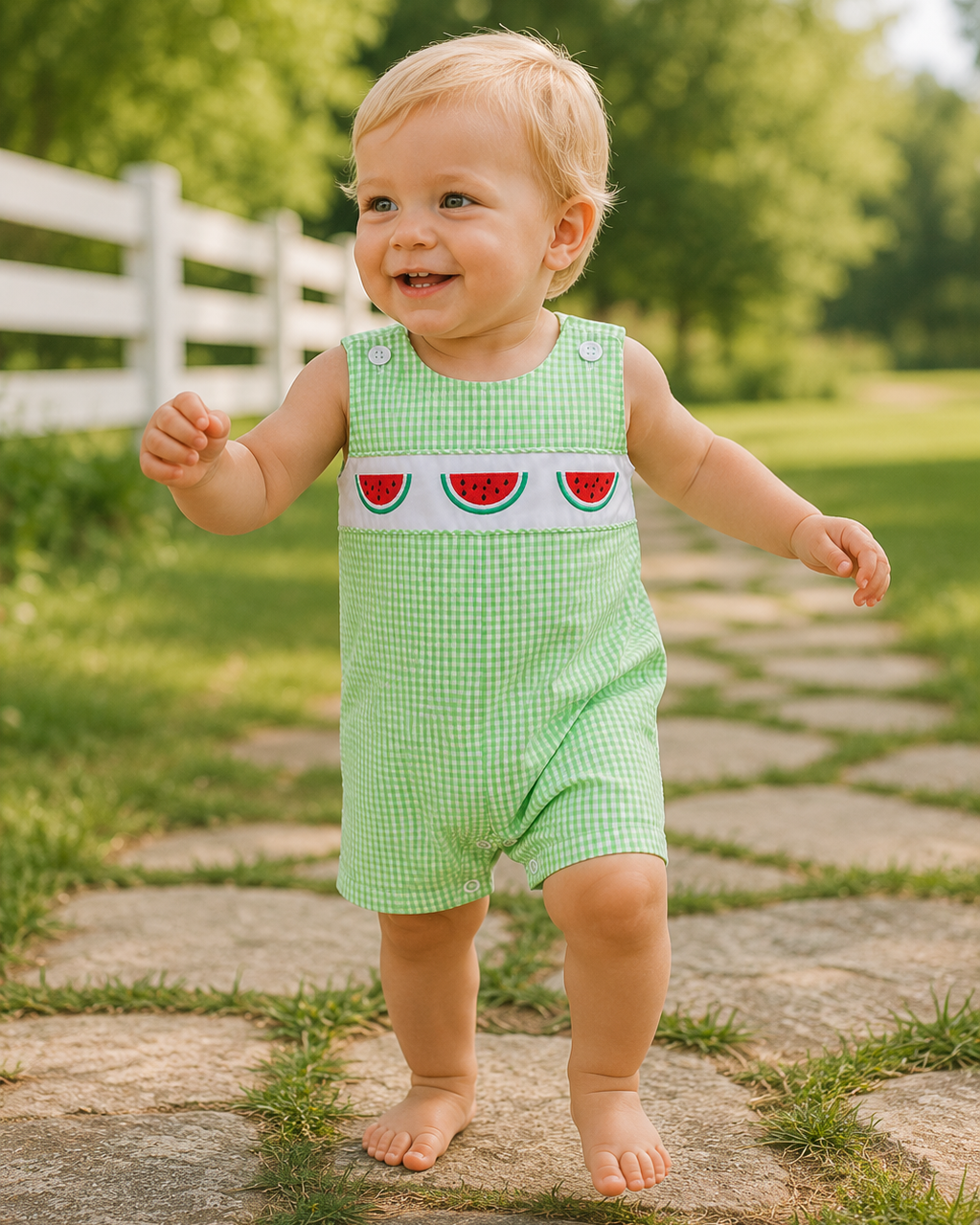 Baby in a green checkered romper with watermelon design walking on a stone path outdoors.