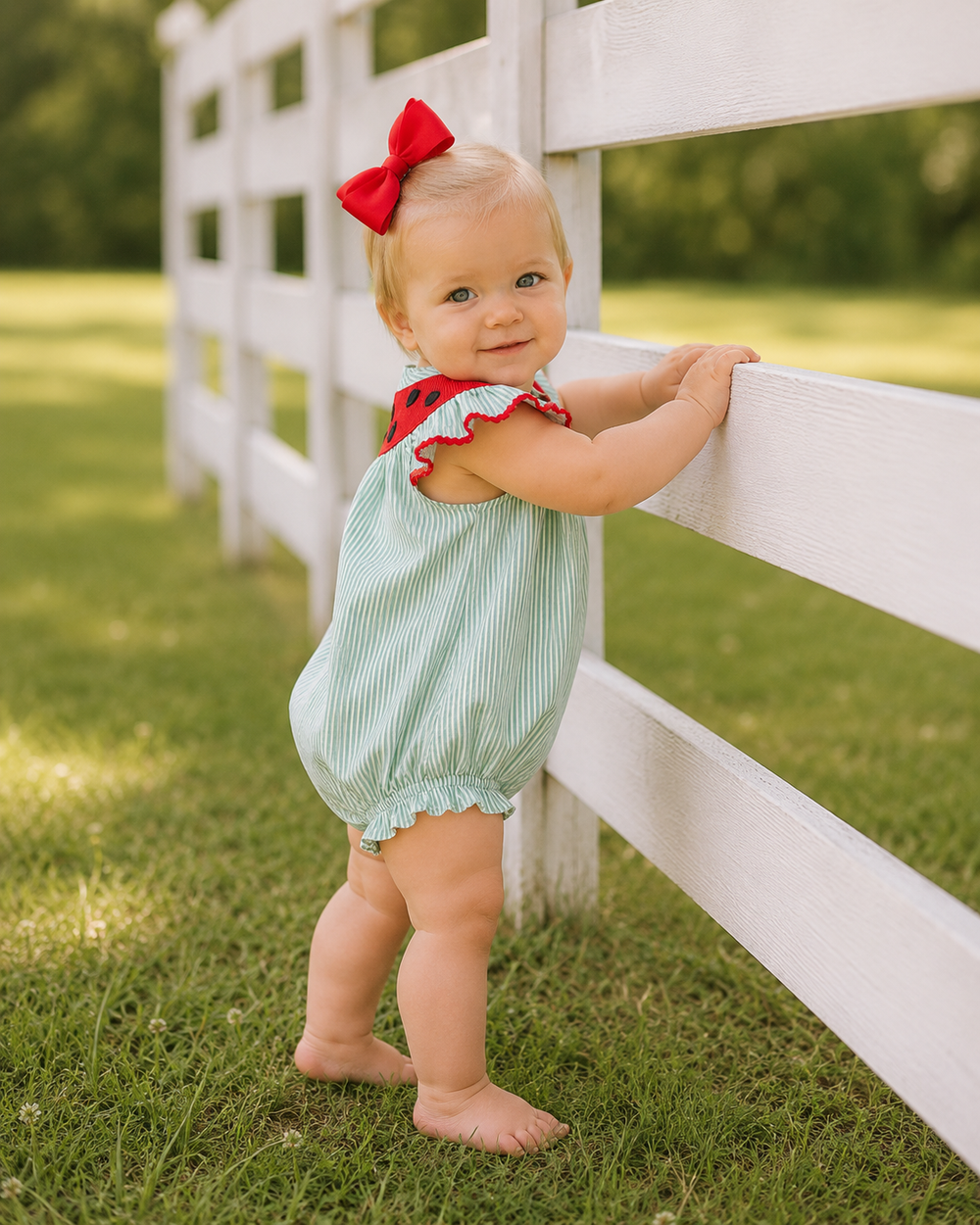 Baby in a green outfit with a red bow standing on grass next to a white fence.