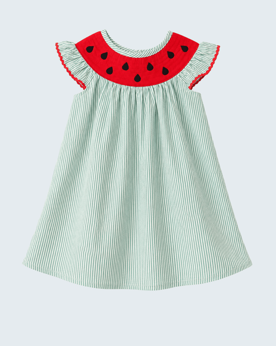 Green Watermelon Stripe Smocked Embroidered Seersucker Dress