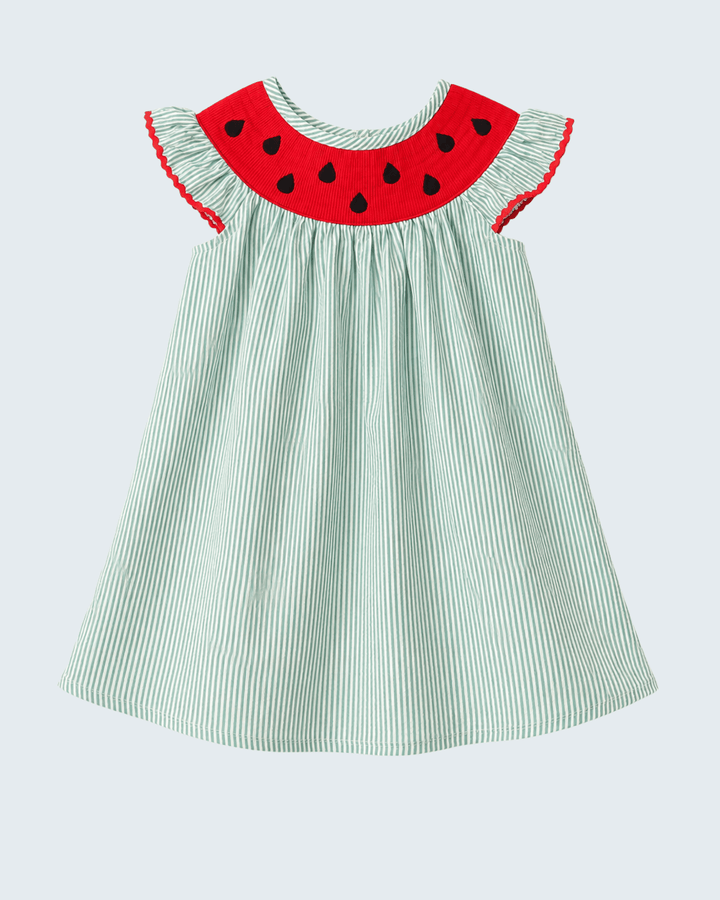 Green Watermelon Stripe Smocked Embroidered Seersucker Dress