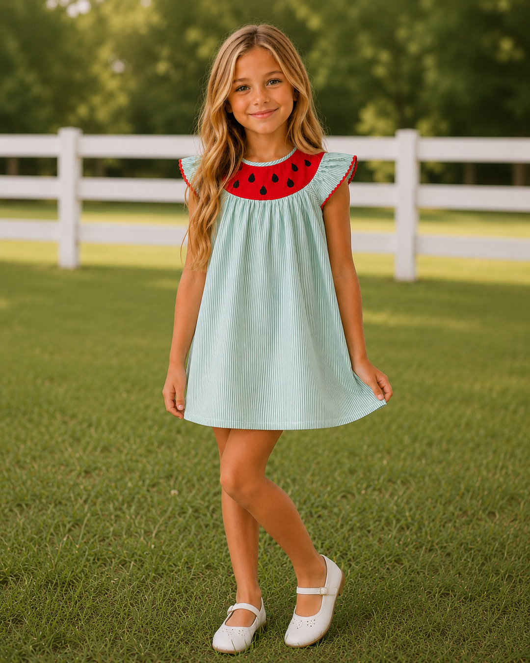 Young girl in a light green dress with a red and black patterned neckline standing on grass.