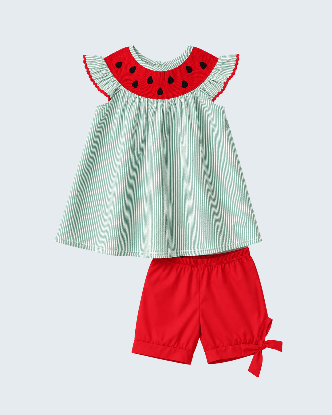 Green Watermelon Stripe Smocked Embroidered Seersucker Set