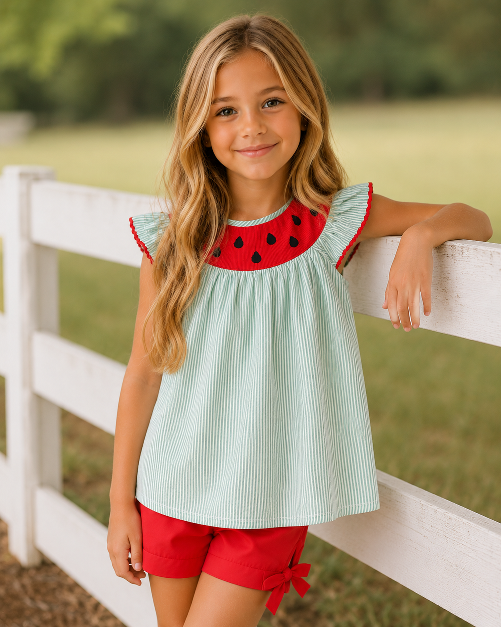 Young girl wearing a red and green outfit with a white fence and grass background