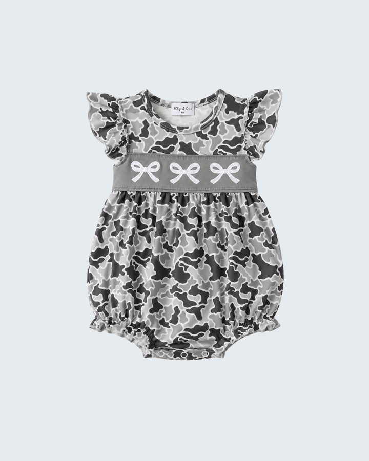 Grey Camouflage Bow Embroidery Ruffle Bubble