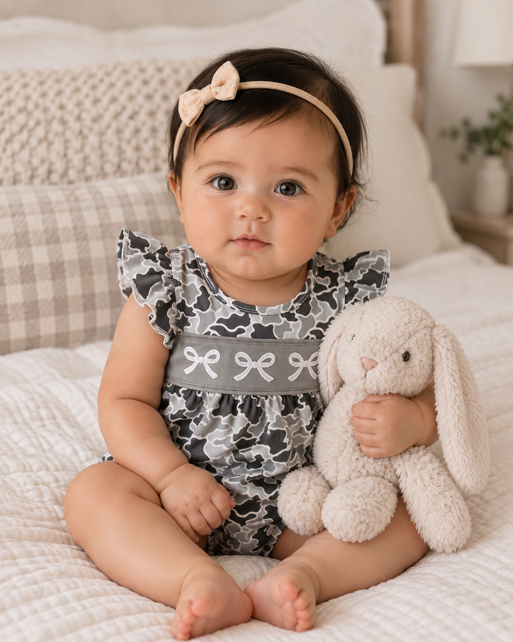 Baby girl in a camo romper is sitting on a bed holding a stuffed bunny.