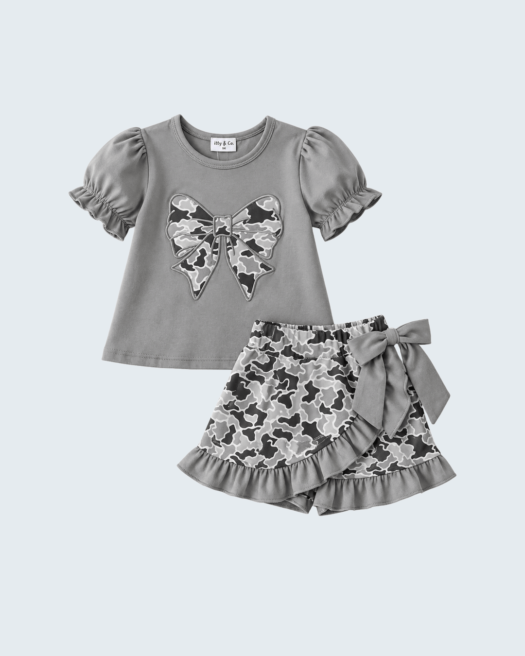 Grey Camouflage Bow Embroidery Ruffle Skorts Set1