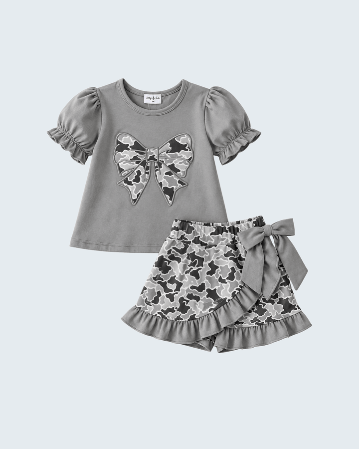 Grey Camouflage Bow Embroidery Ruffle Skorts Set1