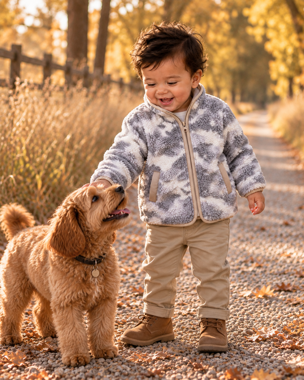 Toddler is petting a dog. He is on a gravel road.